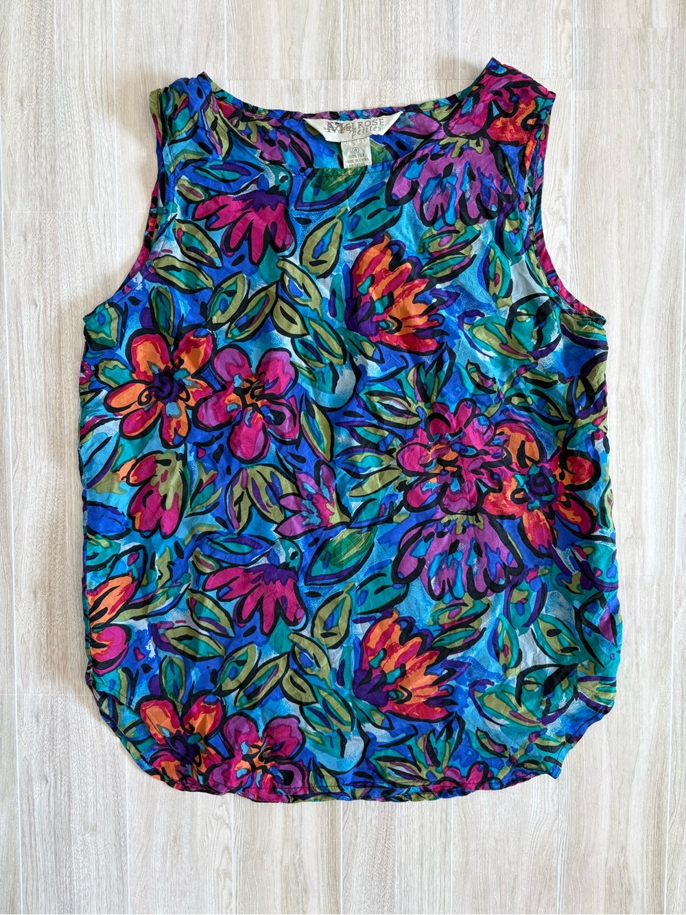 Vintage 100% Silk Floral Sleeveless Blouse Size 4 Art Girl Maximalist 90s Retro